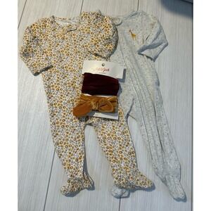 Baby Cat & Jack Pajamas Footed Sleeper & Headband Set Floral Giraffe Neutral 6-9